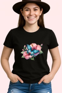 Tricou Fluture turcoaz pe hibiscus rosu compozitie tropicala Copii | Dama | Barbat Barbat - Img 7