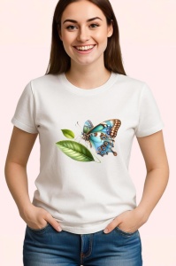 Tricou Fluture turcoaz si maro pe frunze stil botanic realist Copii | Dama | Barbat Barbat - Img 3