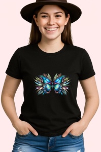 Tricou Fluture turcoaz si portocaliu in compozitie florala vibranta Copii | Dama | Barbat Barbat