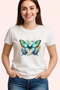 Tricou Fluture verde turcoaz pe fundal vegetal stil tropical Copii | Dama | Barbat Barbat - Img 3
