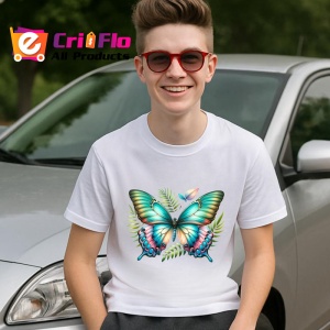 Tricou Fluture verde turcoaz pe fundal vegetal stil tropical Copii | Dama | Barbat Barbat - Img 9