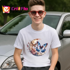 Tricou Fluturi albastri si maro pe luna si flori compozitie mistica Copii | Dama | Barbat Barbat - Img 8