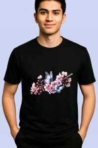 Tricou Fluturi mici pe crengute cu flori roz fundal eteric Copii | Dama | Barbat Barbat - Img 4