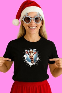 Tricou Girafa Cu Fundal Albastru Si Privire Vesela Craciun, din bumbac 100% Copii | Dama | Barbat - Img 3