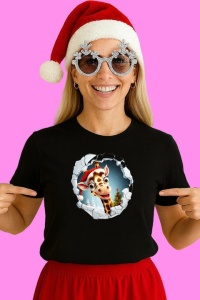 Tricou Girafa Cu Fundal Albastru Si Zambet Craciun, din bumbac 100% Copii | Dama | Barbat - Img 2
