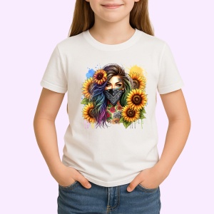 Tricou girl bandana sunflower burst, fata cu bandana si floarea soarelui exploziva, Copii | Dama | Barbat - Img 3