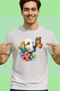 Tricou Golden Labrador cu fluturi portocalii si flori colorate ilustratie vesela Copii | Dama | Barbat Barbat - Img 2