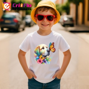 Tricou Golden Labrador cu fluturi portocalii si flori colorate ilustratie vesela Copii | Dama | Barbat Barbat - Img 13