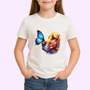 Tricou Golden Retriever cu fluture albastru si flori desen adorabil de vara Copii | Dama | Barbat Barbat - Img 4