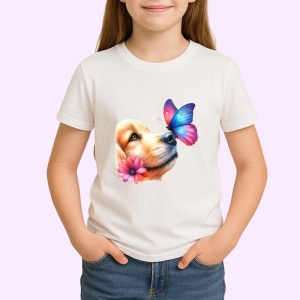 Tricou Golden Retriever cu fluture pe nas si fundal roz pastel Copii | Dama | Barbat Barbat