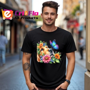 Tricou Golden Retriever printre flori si fluture violet atmosfera de vara Copii | Dama | Barbat Barbat - Img 17