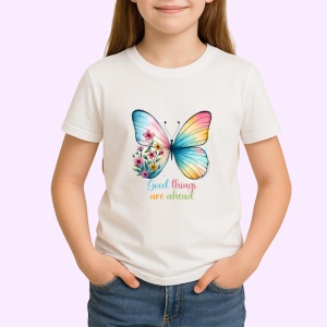 Tricou Good things are ahead fluture colorat cu flori text inspirational Copii | Dama | Barbat Barbat - Img 4