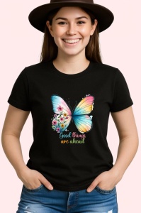Tricou Good things are ahead fluture colorat cu flori text inspirational Copii | Dama | Barbat Barbat - Img 7