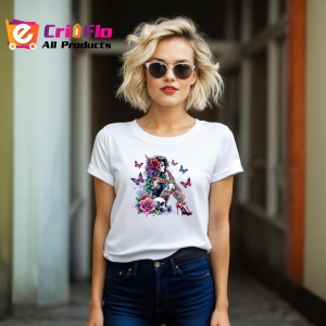 Tricou goth girl skulls roses butterflies, fata goth cu cranii trandafiri si fluturi, Copii | Dama | Barbat