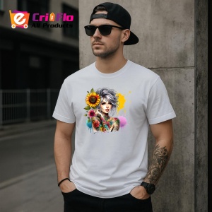 Tricou grey bun girl shoulder flower tattoo, fata coc gri cu tatuaj umar floral, Copii | Dama | Barbat - Img 4