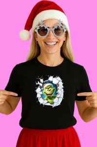 Tricou Grinch Cu Fundal Gri Si Privire Uimita Craciun, din bumbac 100% Copii | Dama | Barbat - Img 3