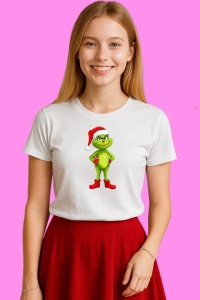 Tricou Grinch Elegant Cu Caciula Si Decor, din bumbac 100%, tricou alb, Copii | Dama | Barbat
