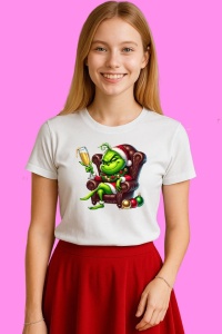 Tricou Grinch Pe Fotoliu Cu Pahar Sarbatoare, din bumbac 100%, tricou alb, Copii | Dama | Barbat - Img 1