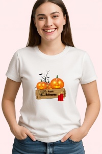 Tricou Halloween Dovleci Decor Lemn, din bumbac 100%, tricou alb, Dama | Barbat