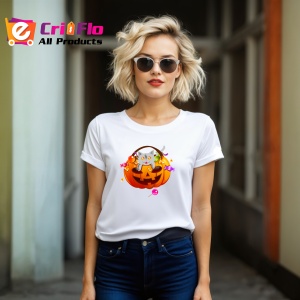 Tricou Halloween Pumpkin Cat, din bumbac 100%, tricou alb, Dama | Barbat - Img 6