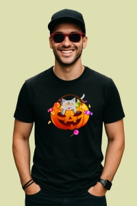 Tricou Halloween Pumpkin Cat, din bumbac 100%, tricou negru, Dama | Barbat - Img 2