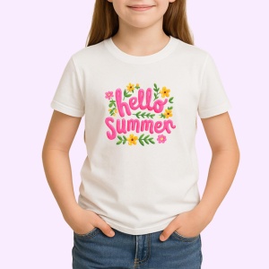 Tricou Hello Summer Font Roz Flori Colorate V2, din bumbac 100% , tricou alb pentru Copii | Dama | Barbat - Img 2