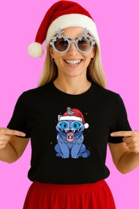 Tricou Huntrix K Pop Hunters Demon Christmas Blue Cat Mascota Festiva, din bumbac 100%, tricou negru, Copii | Dama | Barbat - Img 2