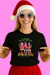 Tricou Huntrix K Pop Hunters Demon Fetita Pisica Mov Caciula Craciun, din bumbac 100%, tricou negru, Copii | Dama | Barbat - Img 3