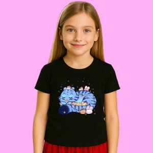 Tricou Huntrix K Pop Hunters Demon Pisica Dormind Cu Iepurasi Chibi, din bumbac 100%, tricou negru, Copii | Dama | Barbat