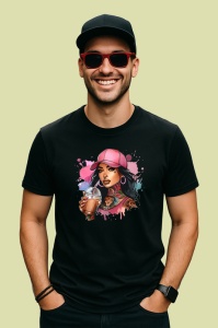 Tricou Iced coffee girl brown hair, fata cafea rece cu par saten, Copii | Dama | Barbat , tricou negru - Img 3