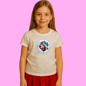 Tricou Iisus Cu Fundal Gri Si Privire Vesela Craciun, din bumbac 100% Copii | Dama | Barbat - Img 3