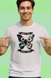 Tricou Inhale peace exhale chaos fluture design galaxie si text de inspiratie Copii | Dama | Barbat Barbat - Img 2
