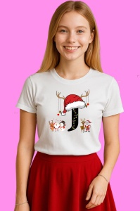 Tricou J Litera Cu Luminite Reni Si Mos Craciun, din bumbac 100% Copii | Dama | Barbat - Img 3