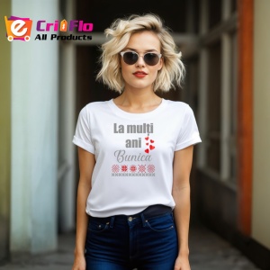 Tricou La Multi Ani Bunica Motive Traditionale Rosii, din bumbac 100% , tricou alb pentru Dama