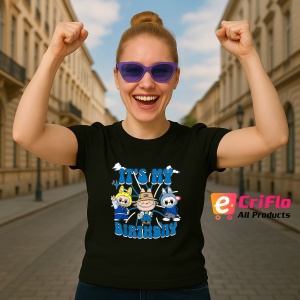 Tricou Labubu birthday albastru, Unisex Dama si Barbat | Copii, Culoare Negru - Img 3