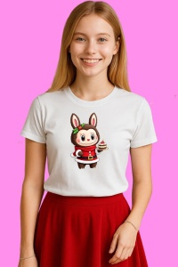 Tricou Labubu Craciun Cu Prajitura Si Sacou Rosu, din bumbac 100%, tricou alb, Copii | Dama | Barbat