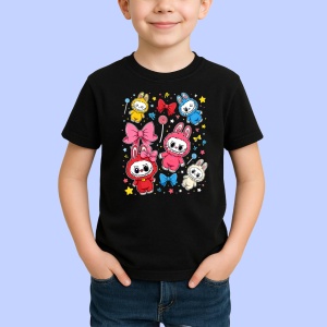 Tricou Labubu fete colorate, Unisex Dama si Barbat | Copii, Culoare Negru - Img 2