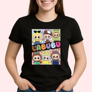 Tricou Labubu patrat culori, Unisex Dama si Barbat | Copii, Culoare Negru