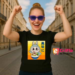 Tricou Labubu ramen japonez, Unisex Dama si Barbat | Copii, Culoare Negru - Img 4
