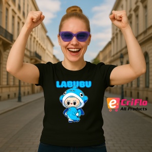 Tricou Labubu rechin albastru, Unisex Dama si Barbat | Copii, Culoare Negru - Img 3