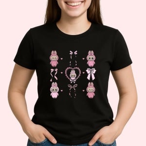 Tricou Labubu roz fundite, Unisex Dama si Barbat | Copii, Culoare Negru