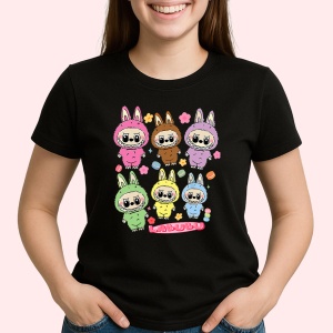 Tricou Labubu trio curcubeu, Unisex Dama si Barbat | Copii, Culoare Negru