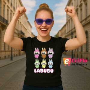 Tricou Labubu trio vertical, Unisex Dama si Barbat | Copii, Culoare Negru - Img 3