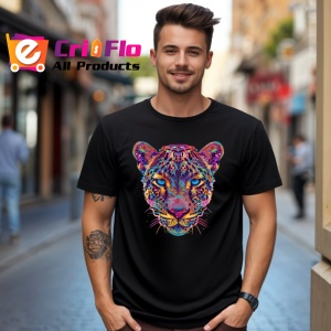 Tricou Leopard realist cu blana curcubeu Copii | Dama | Barbat, culoare negru - Img 5