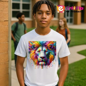 Tricou Leu alb cu coama colorata fundal alb Copii | Dama | Barbat - Img 4