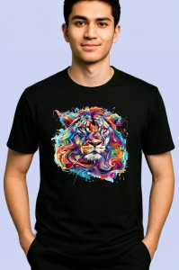 Tricou Leu artistic curcubeu cu coama flacara Copii | Dama | Barbat, culoare negru - Img 2
