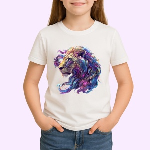Tricou Leu cu coama colorata in vant fundal alb Copii | Dama | Barbat - Img 4