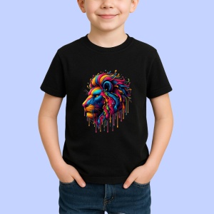 Tricou Leu cu coama multicolora in stil pictura digitala Copii | Dama | Barbat, culoare negru - Img 4