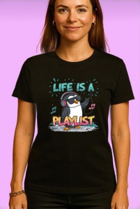 Tricou Life Is A Playlist Pinguin Casti, Copii | Dama | Barbat, culoare negru - Img 4