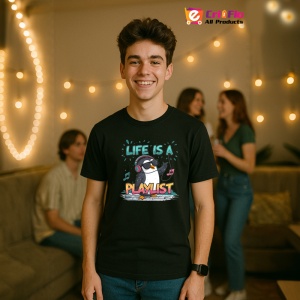 Tricou Life Is A Playlist Pinguin Casti, Copii | Dama | Barbat, culoare negru - Img 6